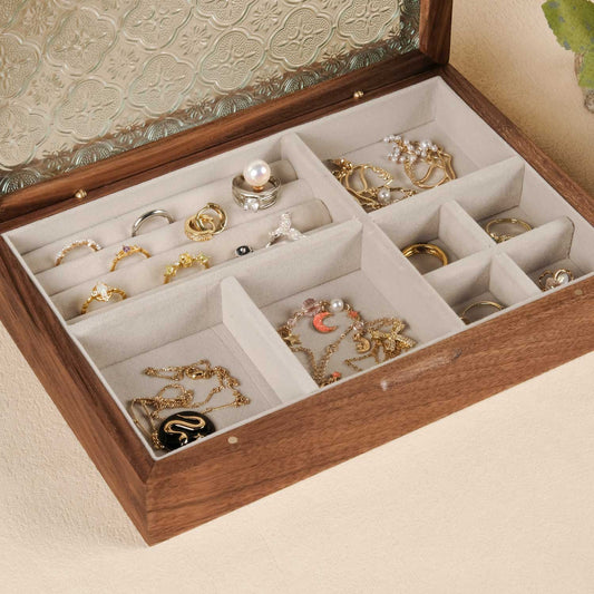 The Crystal - Glass Custom Carved Walnut Wooden Jewelry Box
