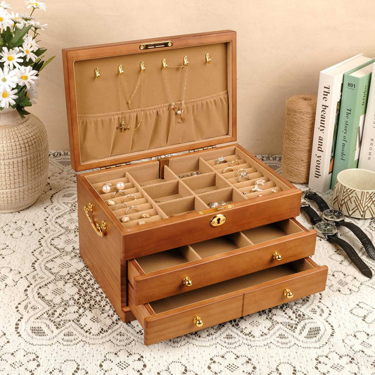 The Engraved - Three Tier Wooden Jewelry Box with Lock and Drawers