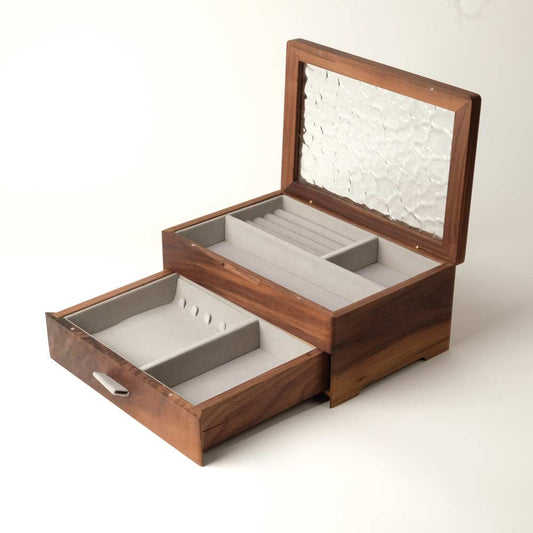 The Elegant - Double Tier Walnut Jewelry Box with Rippled Glass