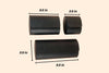 Three black cylindrical leather cases with measurements on a beige background