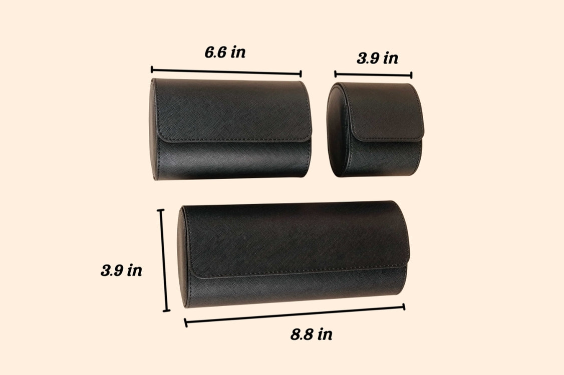 Three black cylindrical leather cases with measurements on a beige background