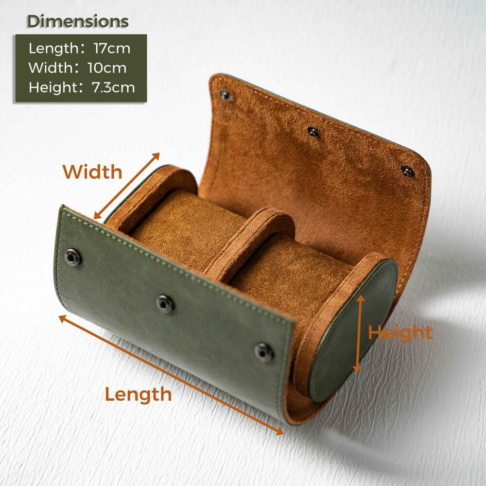 Brown and green leather case with dimensions labeled on a white background