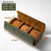 Brown and green watch case with dimensions labeled on a white background