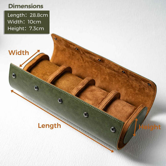 Brown and green jewelry case with dimensions labeled on a white background