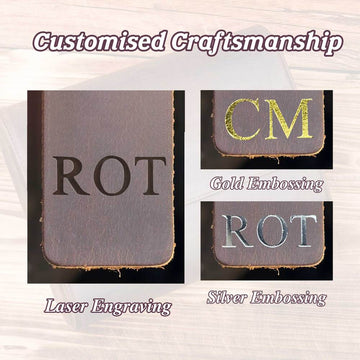 Three types of text embellishments on a textured surface with 'Customised Craftsmanship' text above.
